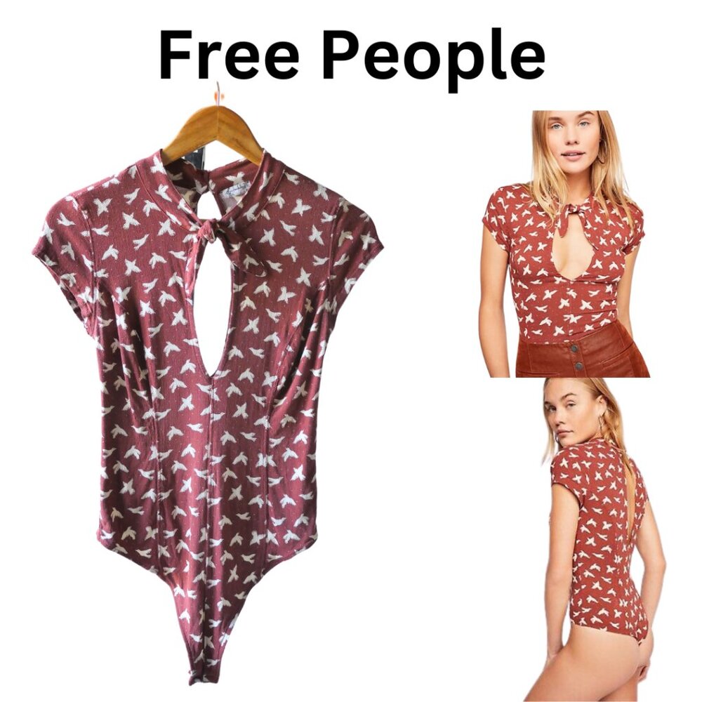 Free People S Bodysuit with keyhole in front and back Brow/Rust with cream birds
